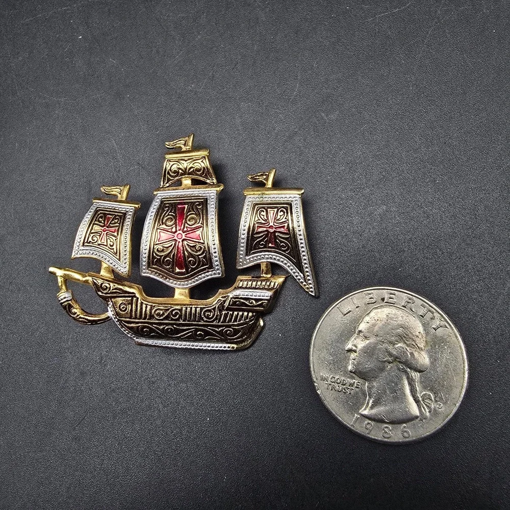 Damascene Ship Boat Brooch Gold Tone White Black Red Spain Vintage